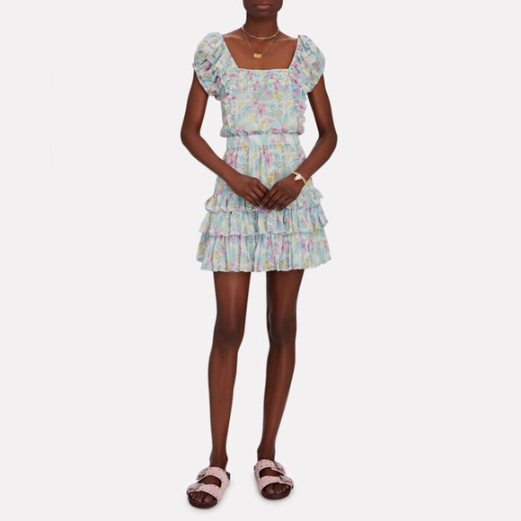 LoveShackFancy x Intermix Exclusive Ivorie Viscose Floral Ruffle Mini Dr… - Picture 5 of 10